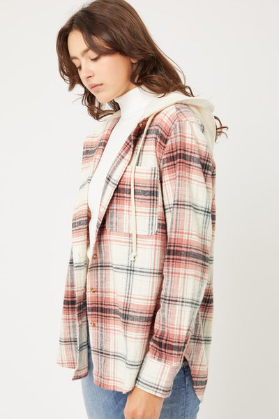 Plaid Flannel Button Up Shacket with Hood