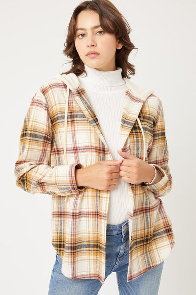 Plaid Flannel Button Up Shacket with Hood