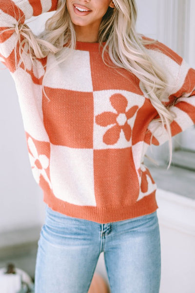 Checkered Floral Print Striped Sleeve Sweater