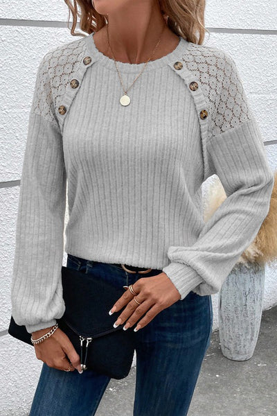 Contrast Lace Raglan Sleeve Buttoned Ribbed Top