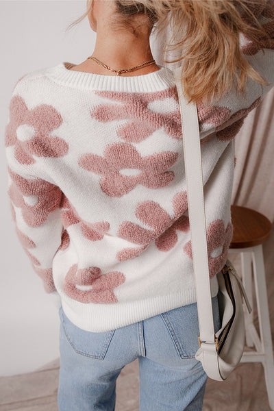 Vintage Flower Drop Shoulder Loose Sweater