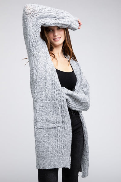 Twist Knitted Open Front Cardigan With Pockets