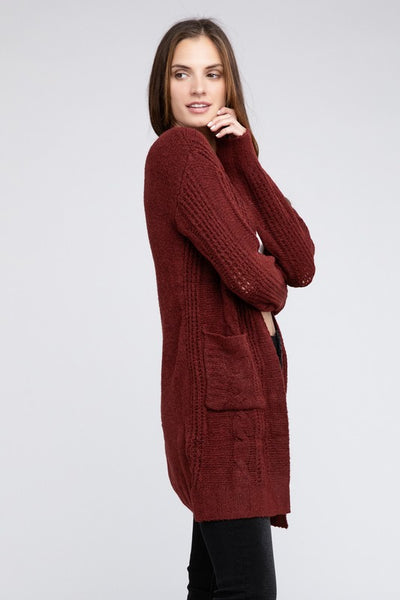 Twist Knitted Open Front Cardigan With Pockets