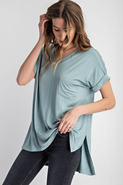 V NECK BASIC HIGH-LOW HEM TOP